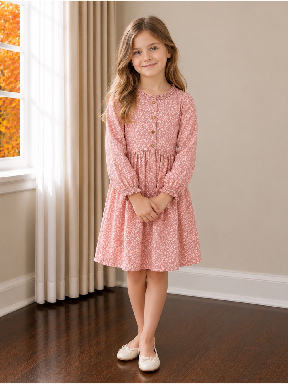 Laura Ashley Pink Floral Button-Front Long-Sleeve Dress